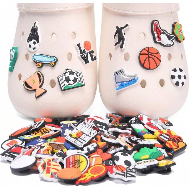5/10/20/30/50/100 st Slumpmässiga skodekaler med sporttema för träskor, bubbeltofflor och sandaler. Söta och roliga PVC-skodekorationer med basket-, b - Multi-color (Multi-size)