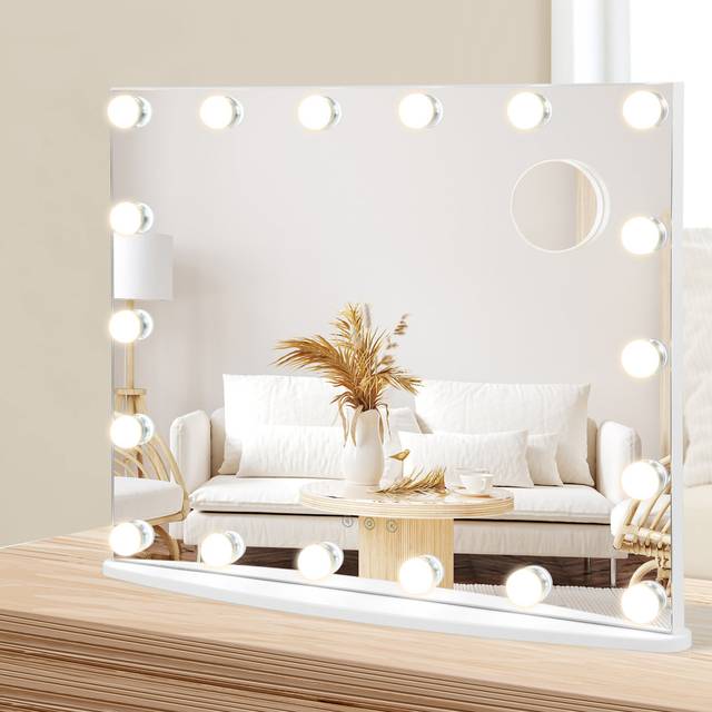 Wall-Mounted Large Vanity Mirror With Magnifying Mirror Adjustable LED Lights - White (52cm H X 65cm W X 14cm D)