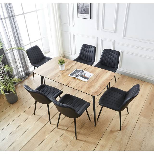 Hallowood Furniture - Cullompton Large Extendable Dining Table and Chairs Set 6, Light Oak Effect Top Extending Table (120-180 cm) & Black Faux