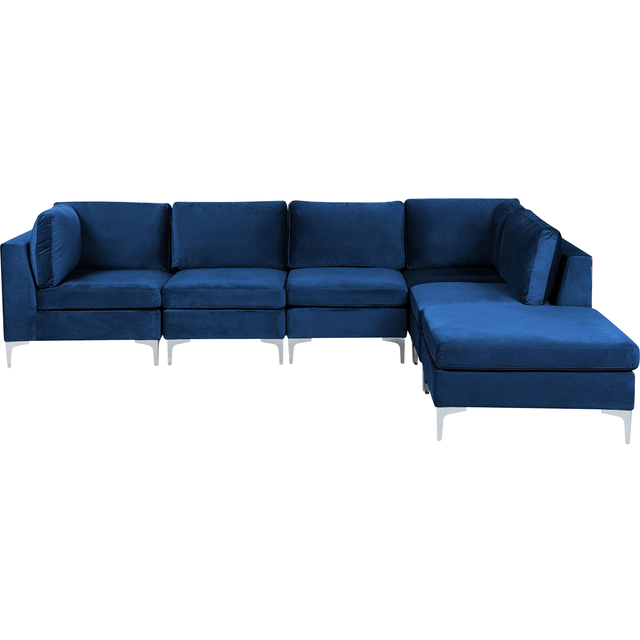 Beliani Modular Corner Sofa 5 Seater Evja Velvet Navy Blue With Ottoman Left Hand - One Size