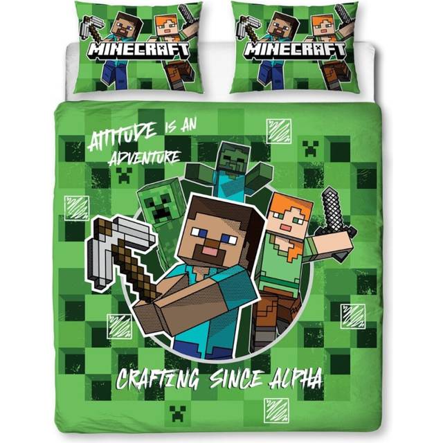 Minecraft officiellt dubbelpåslakanset | blockkontroll speldesign vändbart 2-sidigt bäddset inklusive matchande örngott | Dubbelsängsset