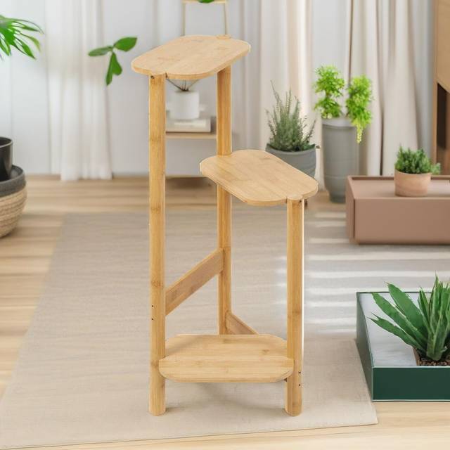 Alarico Natural Bamboo 2 Tier Plant Stand, Plant Pot Holder, Living Room Shelf - Brown (75cm H X 27.5cm L X 32cm D)