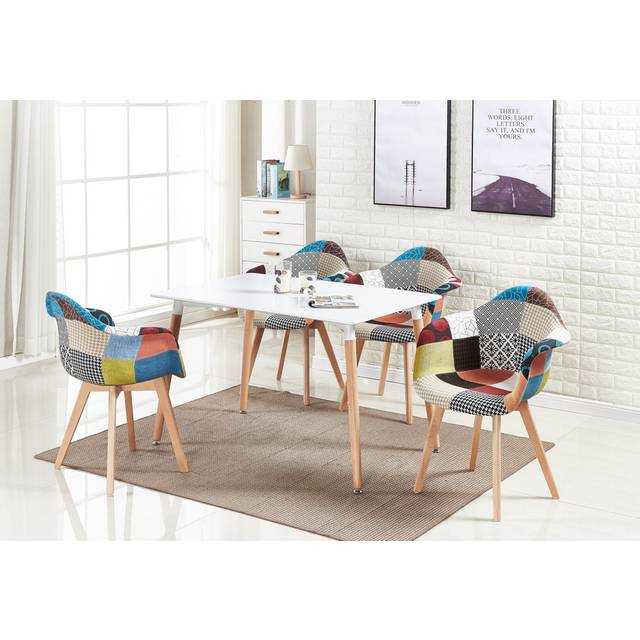 Sylas 4 Person Dining set - a Rectangular Plastic Dining Table with Wooden Legs and a Set of 4 Quilted Velvet Dining Chairs for Dining Room - Modern D - White (4)
