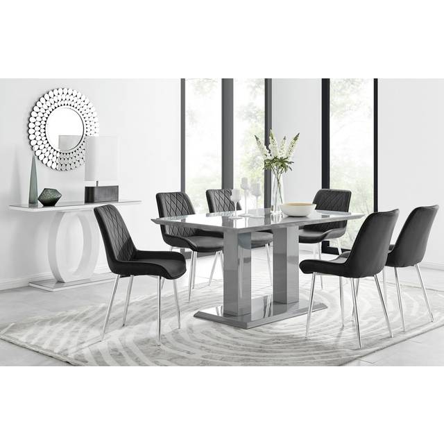 Imperia 6 Grey Dining Table and 6 Pesaro Silver Leg Chairs - Black