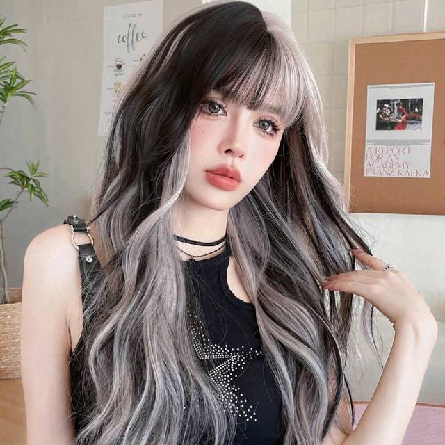 NICKY WALL Lång Silver Grå Vågig Peruk Med Bangs Highlight Svart Med Pink Wave Curly Split Dye Peruker Syntetmode Högdensitet Värmebeständigt fiberhår - Markera Rosa