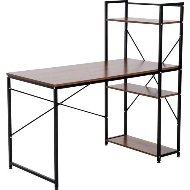 ProperAV Extra Metal Frame Home Wooden Top Office Desk with 4-Tier Bookshelf (Black Walnut)