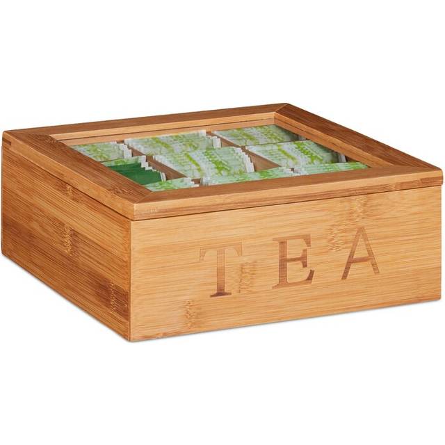 Relaxdays Tebox bambu, med 9 fack, fyrkantig telåda, visningsfönster, för tepåsar, HBT: 8,5 x 22 x 22 cm, natur