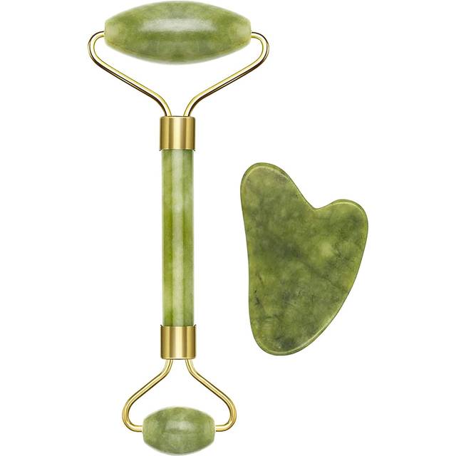 C301ABE101 Roller and Stone Gua Sha in Jade, Jade Roller & Gua Sha Massagge Tool, Facial & Body Massage, Relaxing, Remodeling & Age