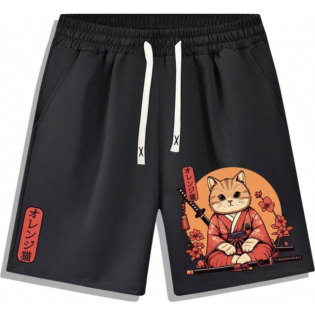 SHEIN Summer Men&#39;s Shorts With Ukiyo-E Anime Japanese Samurai Cat Prints Sports Casual Shorts With Drawstring Elastic Waist And Pockets Thin Breathable Beac