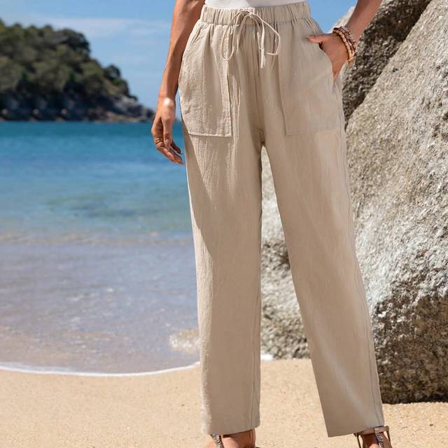 SHEIN Women&#39;s Casual Tie-Waist Elasticized Straight Fit Pants Cotton Khaki Bottoms Summer