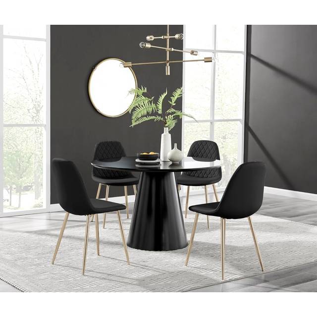 Edzard Statement Pedestal Round Dining Table Set & 4 Luxury Faux Leather Dining Chairs - Gold (4)