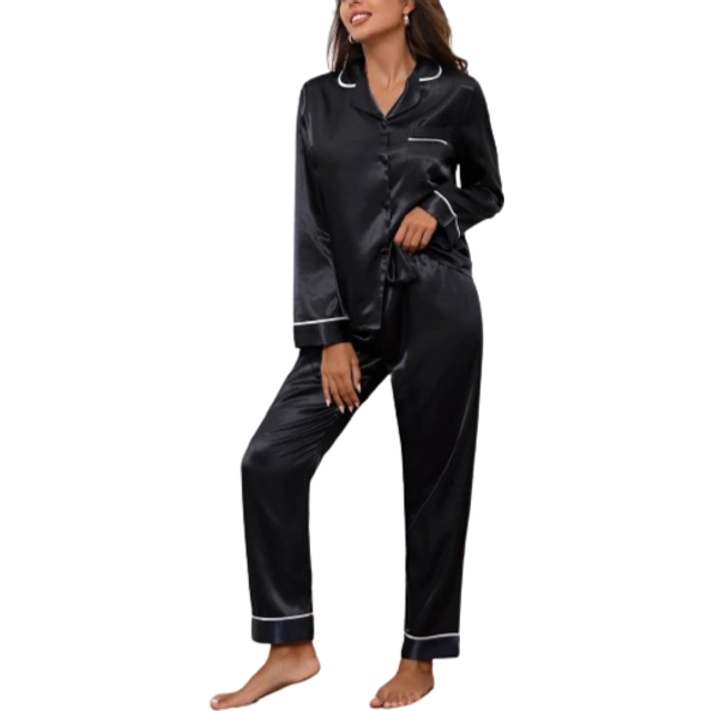SHEIN Contrast Binding Button Front Lapel Collar Satin PJ Set / Pajama Set