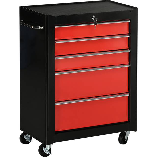HOMCOM 5-Drawer Lockable Steel Tool Storage Cabinet Wheels Handle 2 Keys - Red