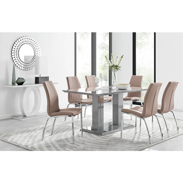 Edzard Double Pedestal High Gloss Dining Table Set with 6 Soft Touch Faux Leather Dining Chairs - Grey (6)