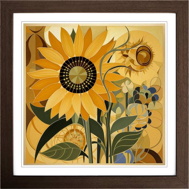 Sunflower Constructivism - Single Picture Frame Art Prints on Wood - Walnut (45cm H X 45cm W)