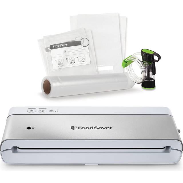 FoodSaver Compact Food Vacuum Sealer Machine with Handheld Sealer Accessory | 1 Roll & 4 Bags | Silver with White Accents [VS0100]