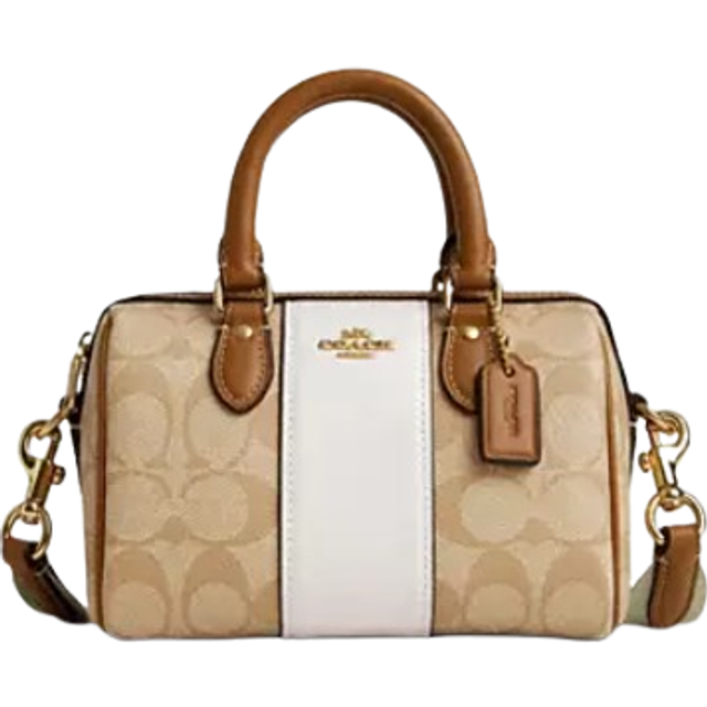Coach Womens Mini Rowan Crossbody in Signature Canvas with Leather Stripe Bag - Brown - One Size