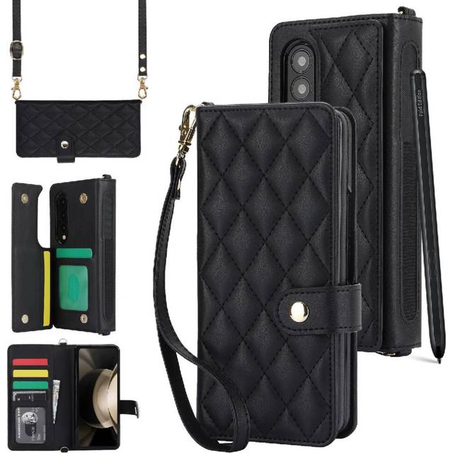 (Black) Case for Samsung Galaxy Z Fold 4 Premium Protection Leather Wallet Case Anti Theft Brush Crossbody Style with 5 Card Slots Stand Function