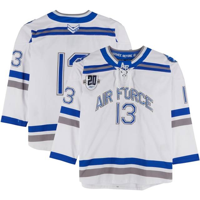 Air Force Falcons Team-Issued #13 White and Blue Jersey with Atlantic Hockey 20th Anniversary Patch from the Hockey Program