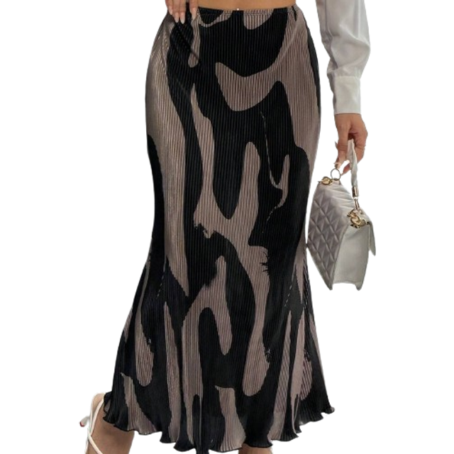 Firerie Allover Print Mermaid Hem Skirt,Ladies Casual Lettuce Trim Long Regular Fit High Waist Brown All Over Print Women Skirts,Spring/Summer,Professional/Bu