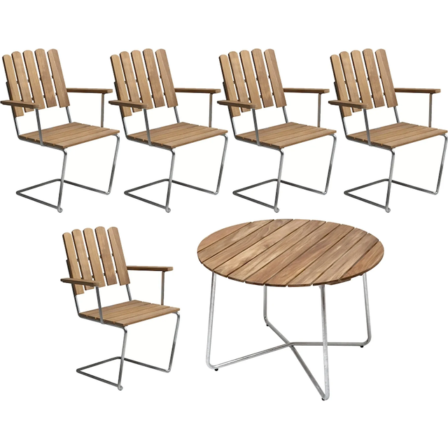 Grythyttan Stålmöbler - Klassikerserien - 9A Bord &amp; 5 st A2 Fåtöljer Teak - Matgrupper utomhus