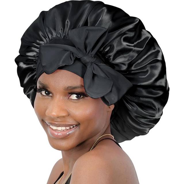BONNET QUEEN Satin Sovhuvor för Damer Silkesmössa för Sovande Kvinnor, Satin Sovmössa med Justerbart Huvudband för Lockigt, Svart