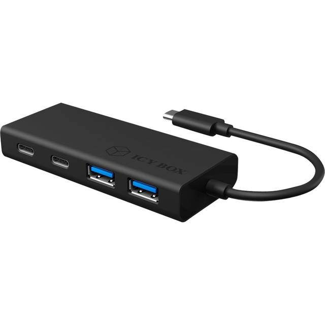 Icy Box USB-hub med USB-C-kontakt och strömdistribution, USB 3.0, integrerad kabel, aluminium, PD 60 watt, svart
