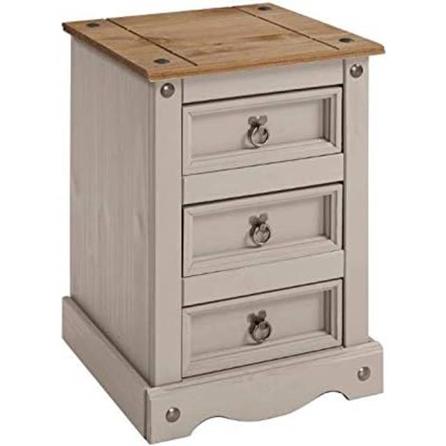 Mercers Furniture Corona Grey Wax Medium 3 Drawer Bedside Cabinet Table Chest Solid Pine With Mexican Styling, Grey