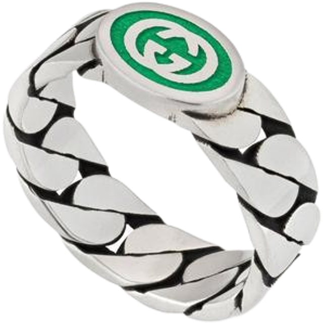 Gucci Interlocking Sterling Silver & Green Enamel Ring (Size N-O)