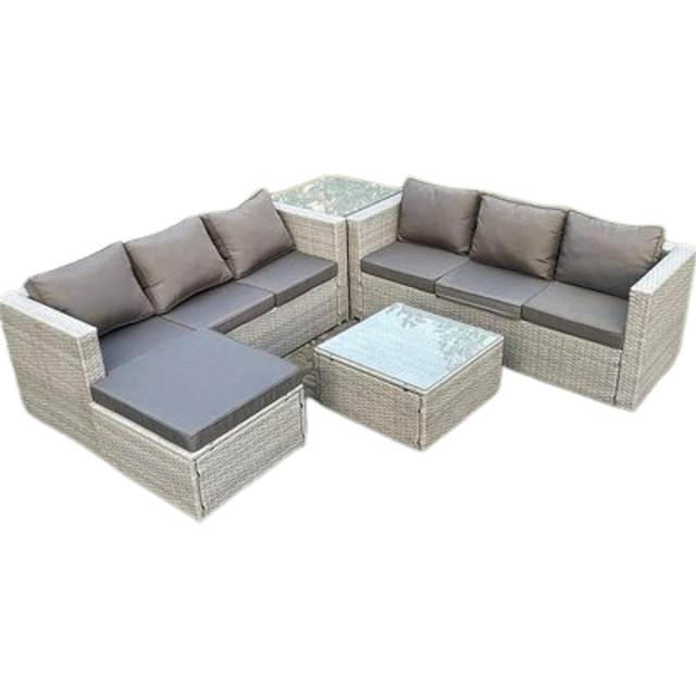 7 Seater pe Wicker Light Grey Rattan Garden Corner Furniture Sofa Sets Outdoor Patio Furniture Big Footstool Coffee Table - Fimous