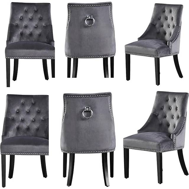 Set of 6 Velvet Dining Chairs Scoop Knockerback & Button Tufted, Solid Wood Legs - Dark Grey - One Size