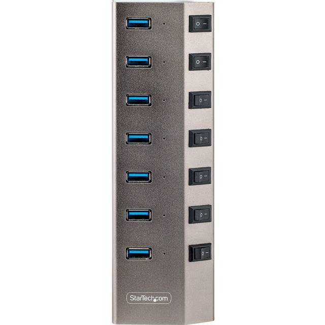 StarTech.com 7 portar USB 3.0-hubb med strömförsörjning och individuell på/av-brytare, USB-C/A 3.1 till 7X USB-A, 5 Gbit/s USB-splitter/distributör med egen strömförsörjning (5G7AIBS-USB-HUB-EU), grå