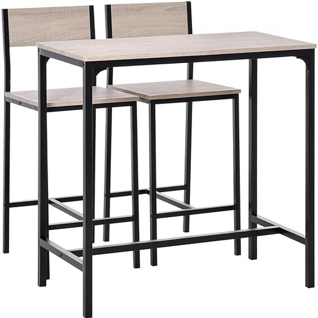 HOMCOM 3 Piece Set Dining Table 2 Stools Industrial Design With Metal Frame Oak Tone, Brown