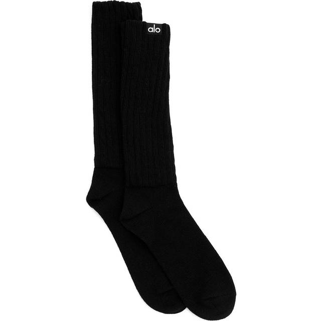 Alo Yoga Womens Black Logo-patch Crew-length Cotton-blend Socks M/l - BLACK