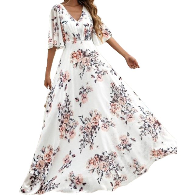 UNITHORSE UNITHORSE [Random Cut] Women&#39;s V-Neck Allover Floral Backless A-Line Graduation Dress And Formal Dress, Chiffon Bridesmaid Dress