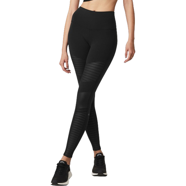 High-Waist Moto Sport Leggings with Mesh Panels - BLACK/BLACK GLOSS - X-Small