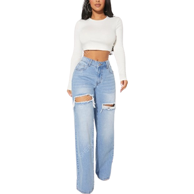 SHEIN Single Button Cut Out Ripped Frayed Wide Leg Jeans