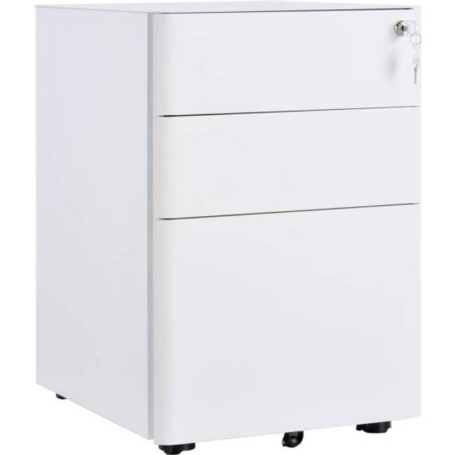 Vinsetto 3 Drawer Metal Filing Cabinet Lockable 5 Wheels Under Desk White