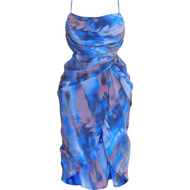 Plus Blue Abstract Print Chiffon Ruched Drape Midi Dress, Blue - 18