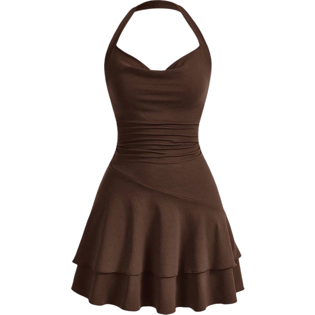 SHEIN Draped Collar Solid Double Layer Ruffle Hem Halter Neck Ruched Dress,Sun Dress,Summer Dresses For Women
