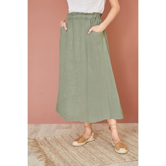 Yumi Womens Khaki Italian Linen Midi Skirt With Pockets - Size Small