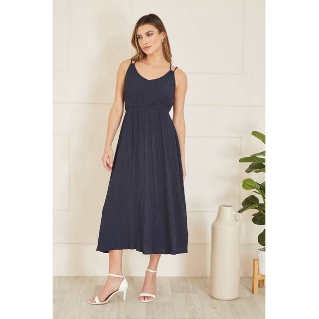Mela London Womens Navy Stretch Crinkle Midi Dress With Cross Over Strappy Back viscose - Size 16 UK
