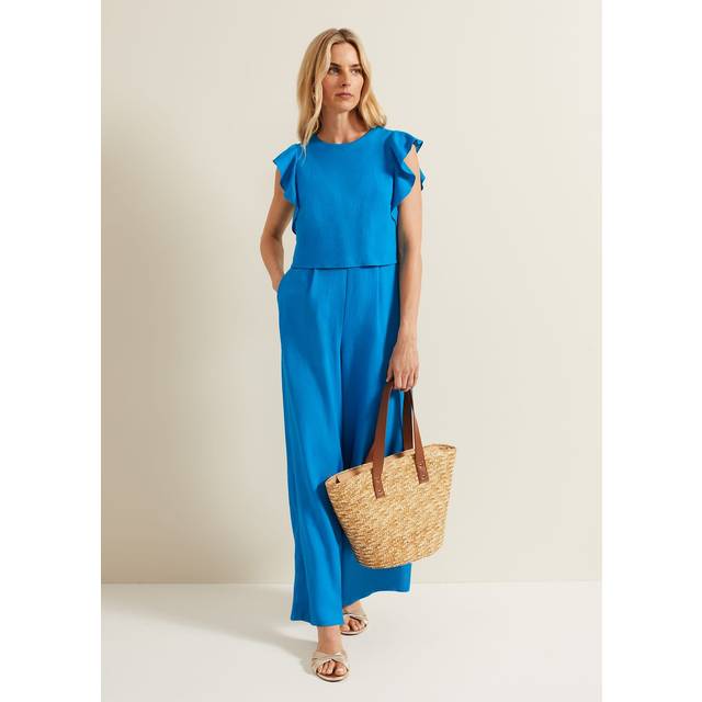 Phase Eight Women's Aubrey Blue Linen Frill Jumpsuit - 14