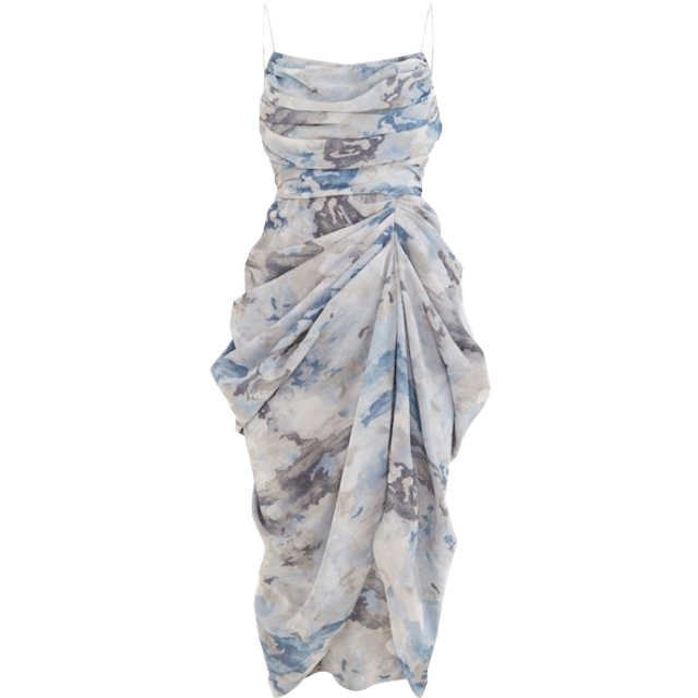 Grey Abstract Print Chiffon Ruched Drape Midi Dress, Grey - 12