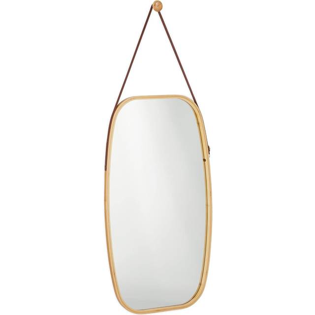 Relaxdays - Oval Wall Mirror, Bamboo Frame, Decorative Mirror with an Adjustable Strap, Hallway, 76.5 x 43.5 cm, Natural