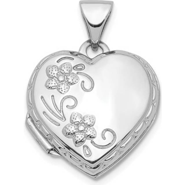 14K White Gold Polished 15 mm Floral Heart Locket Pendant
