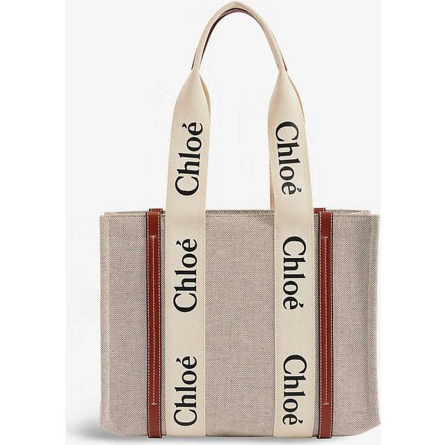Chloe Womens White Brown Woody Medium Cotton-canvas Tote Bag 29x35x11cm - WHITE BROWN
