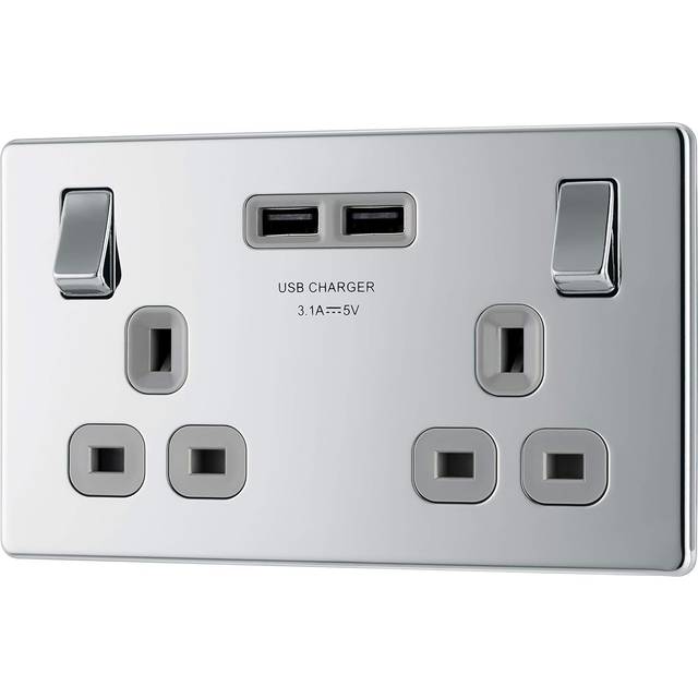 BG Screwless Flat Plate Polished 13A SP USB Switched Socket 2 Gang in Chrome Steel