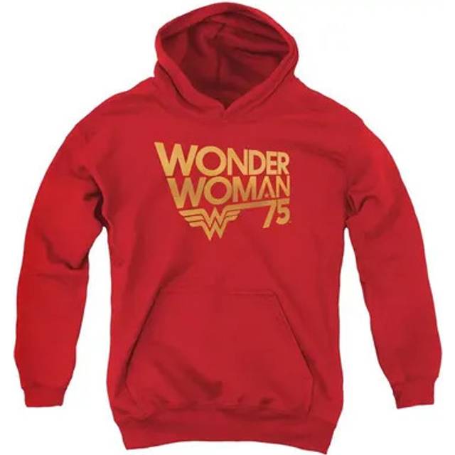 Trevco Sportswear JLA712-YFTH-4 Wonder Woman 75th Anniversary Gold Logo Youth Hooded Sweatshirt, Red - Extra Large