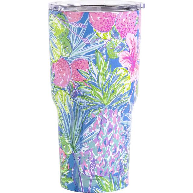 Lilly Pulitzer 30 Ounce Insulated Tumbler with Lid  Large PinkBlueGreen Stainless Steel Travel Cup  Swizzle In